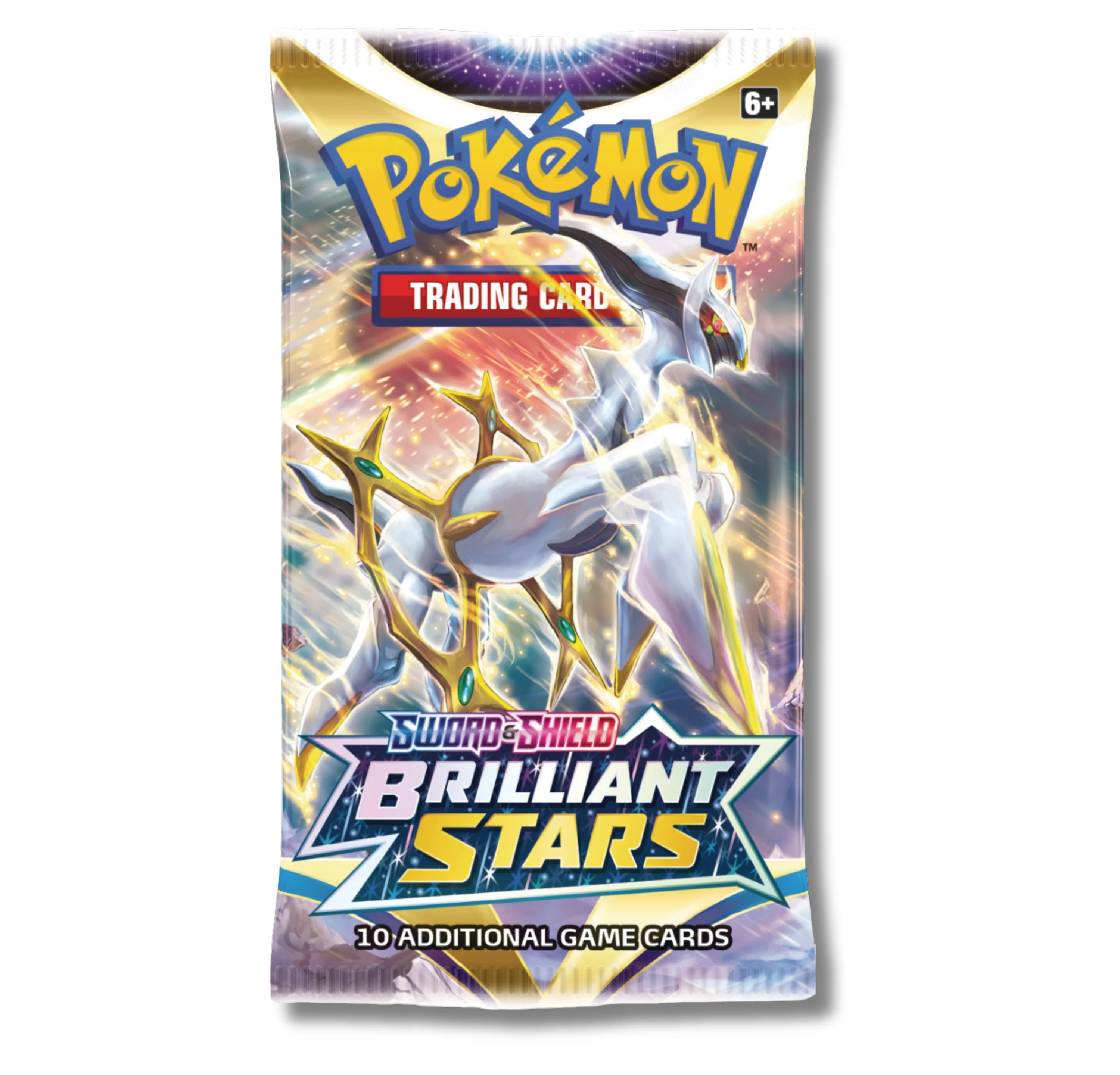 Sealed Pokémon TCG Sword And Shield Brilliant Stars booster pack against a white background