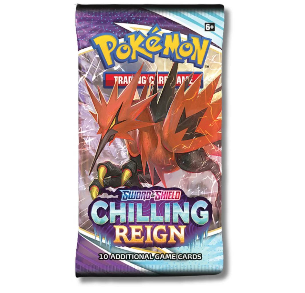 Sealed Pokémon TCG Sword And Shield Chilling Reign booster pack against a white background
