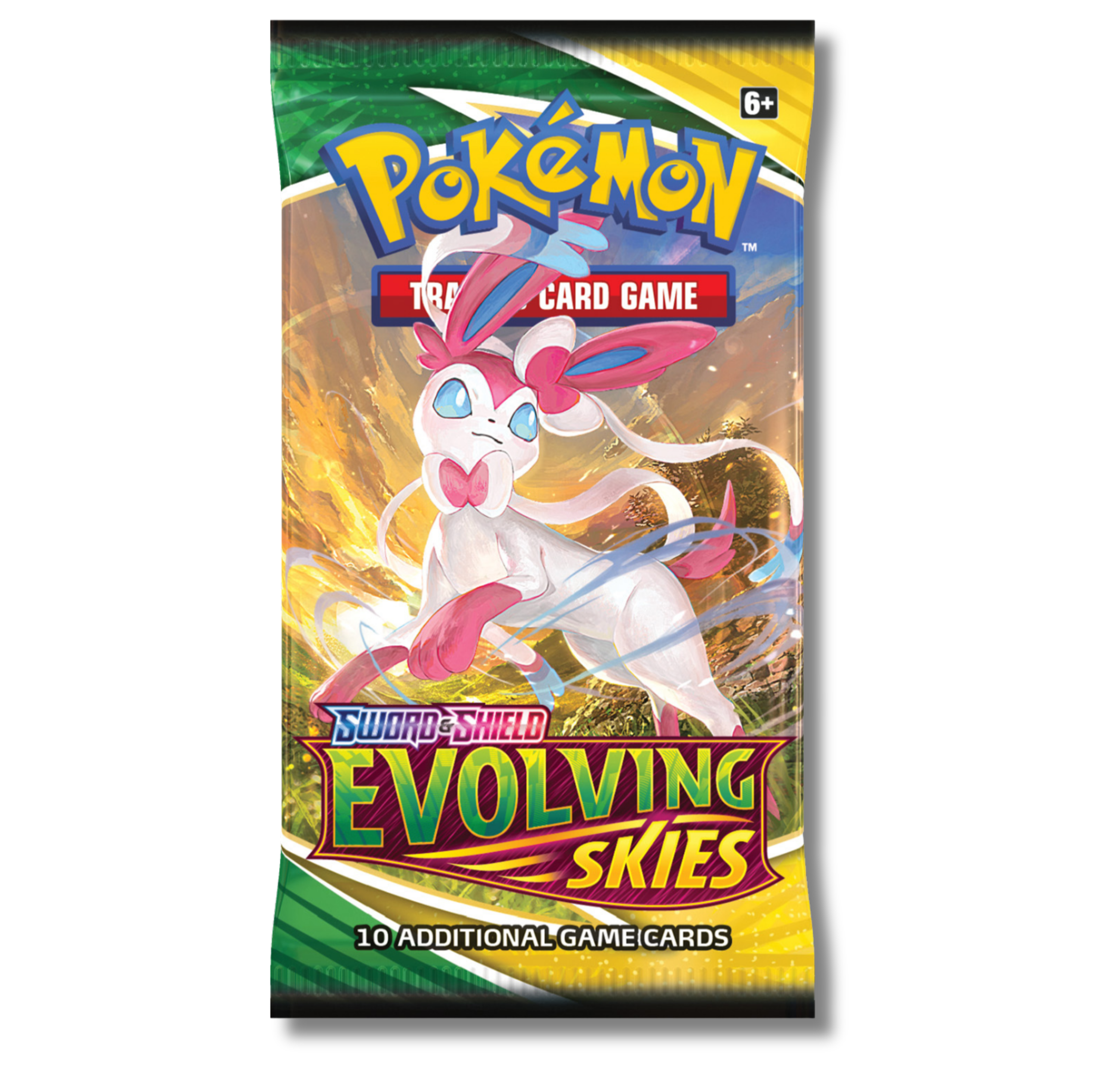 Sealed Pokémon TCG Sword And Shield Evolving Skies booster pack against a white background