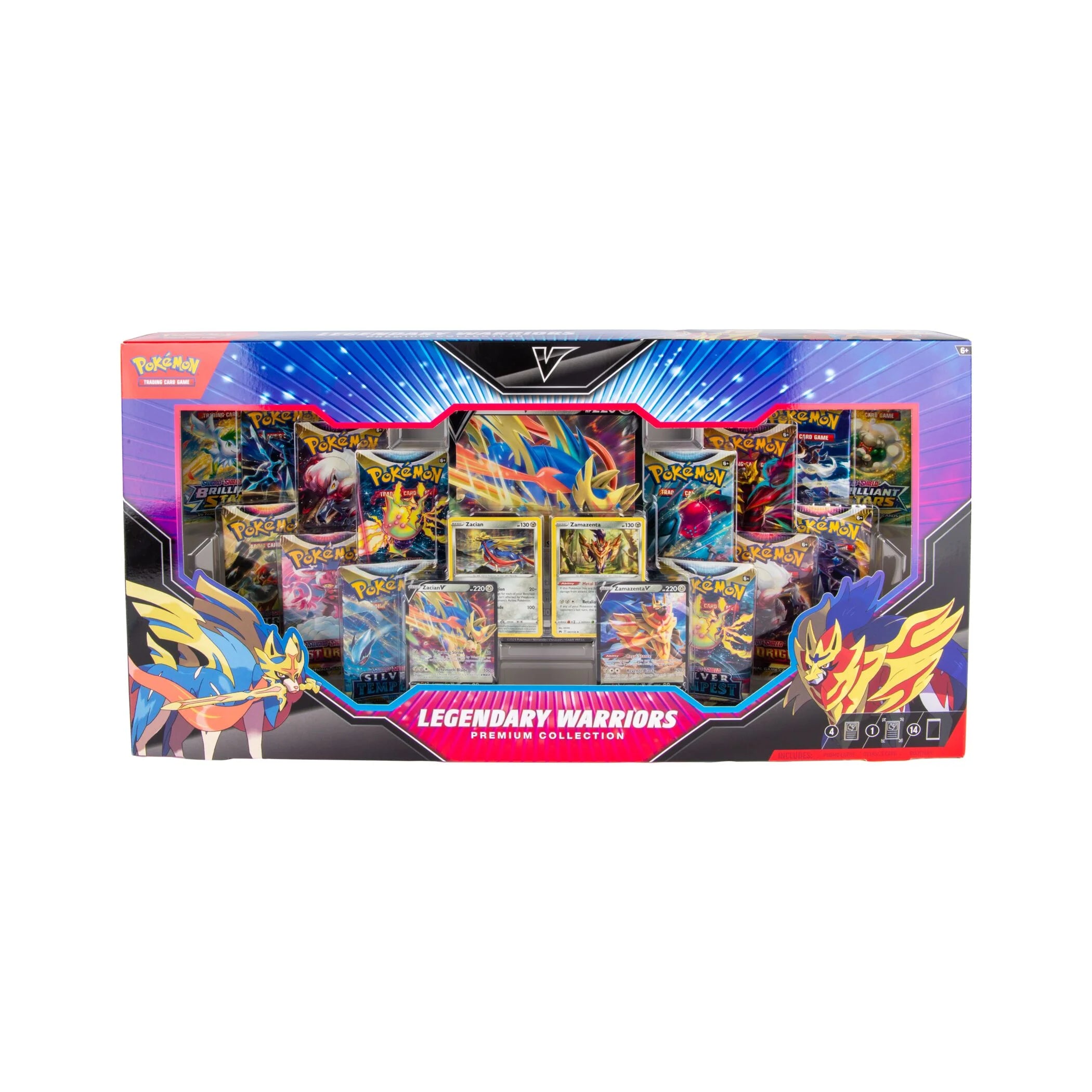 Sealed Pokémon TCG Legendary Warriors Premium Collection with sword and shield booster packs and display box against a white background