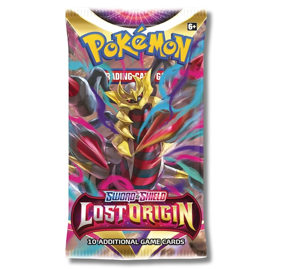 Sealed Pokémon TCG Sword And Shield Lost Origin booster pack against a white background