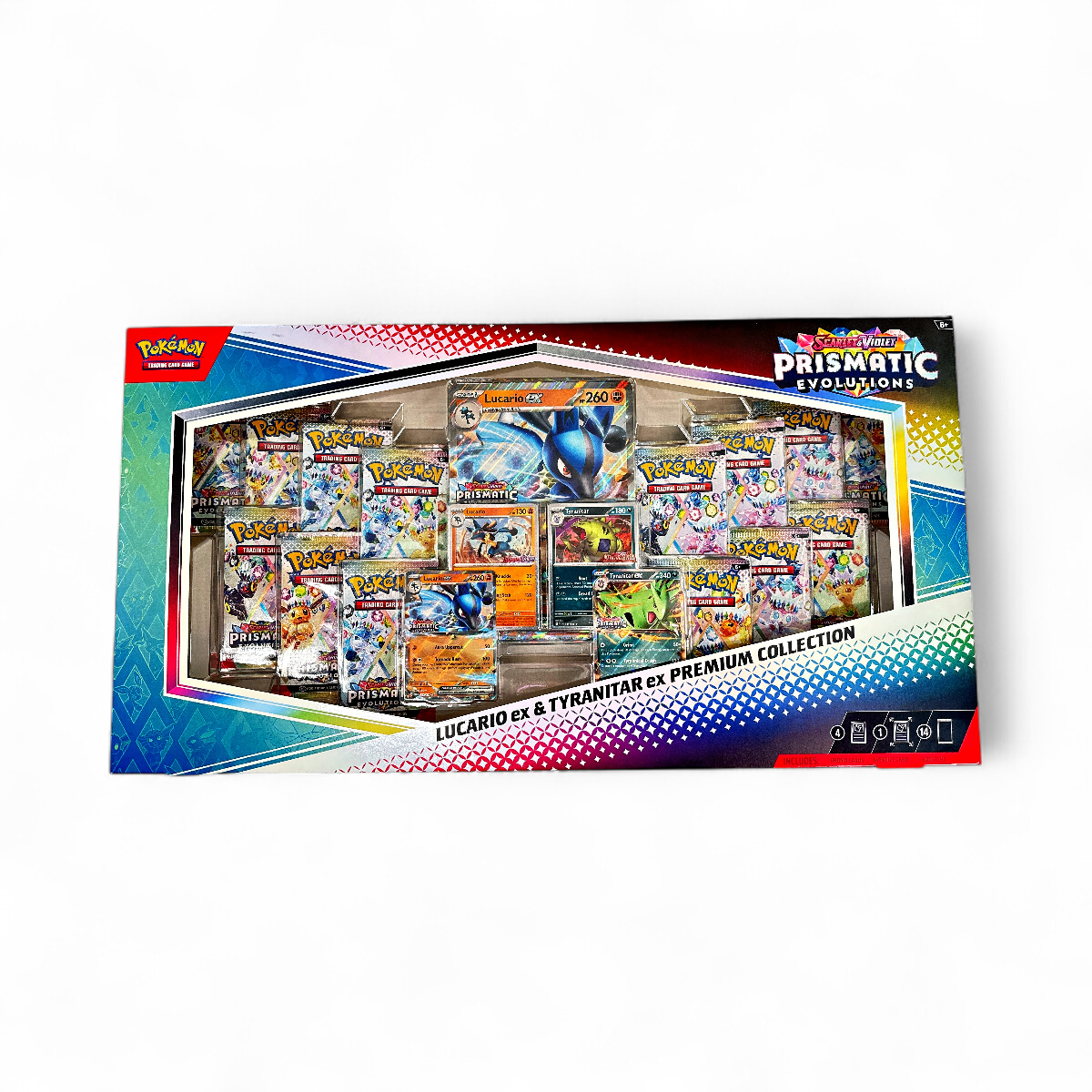 Sealed Pokémon TCG Prismatic Evolutions Premium Collection with Tyranitar and Lucario ex promo cards and booster packs on a white background