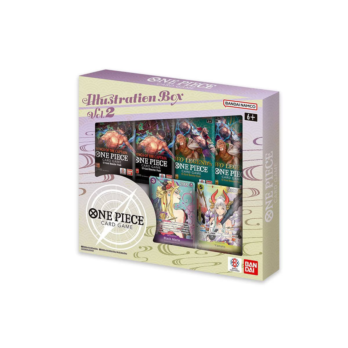 One Piece card game illustration box with character images on a white background