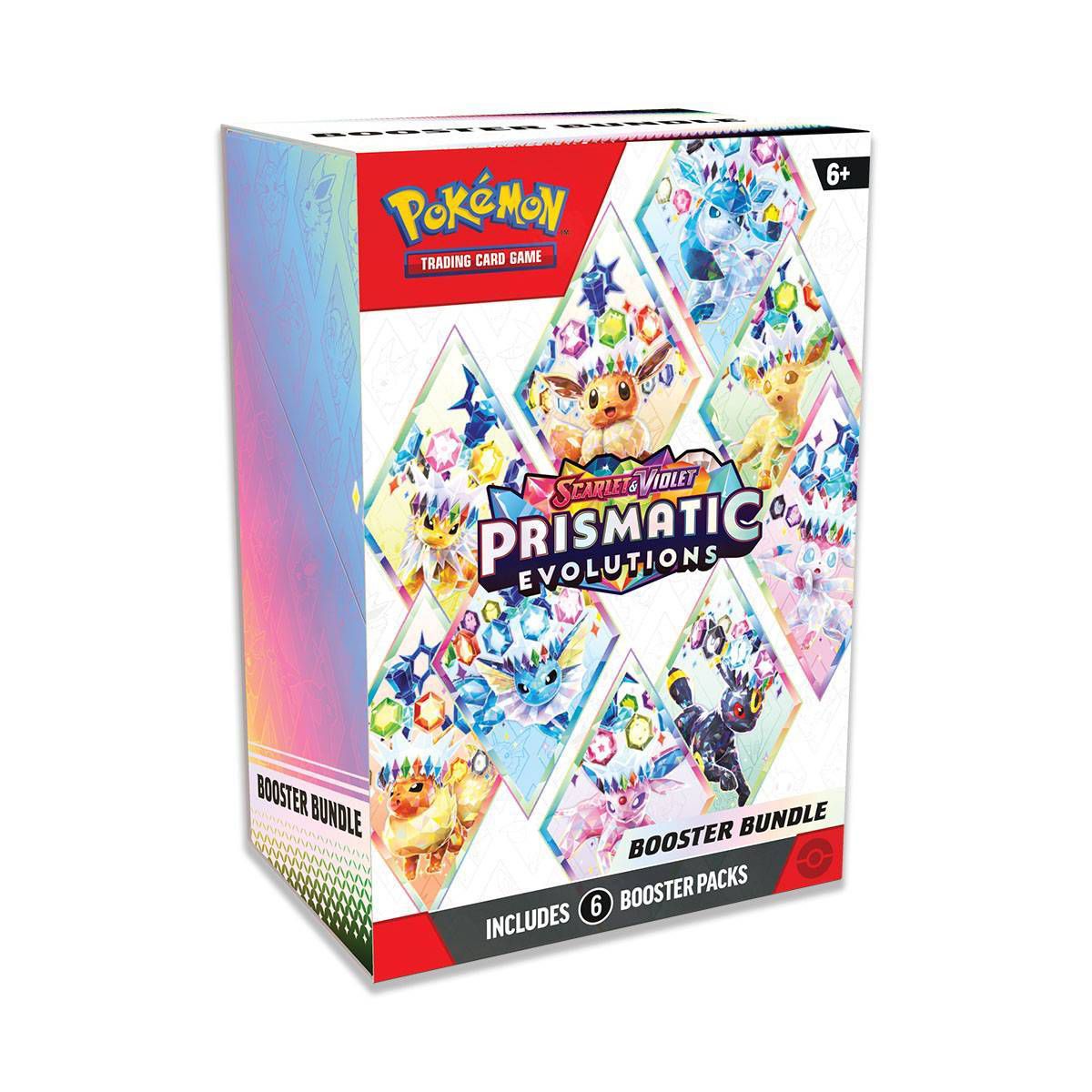 Sealed Pokémon TCG Prismatic Evolutions Booster Bundle box with 6 booster packs on white background